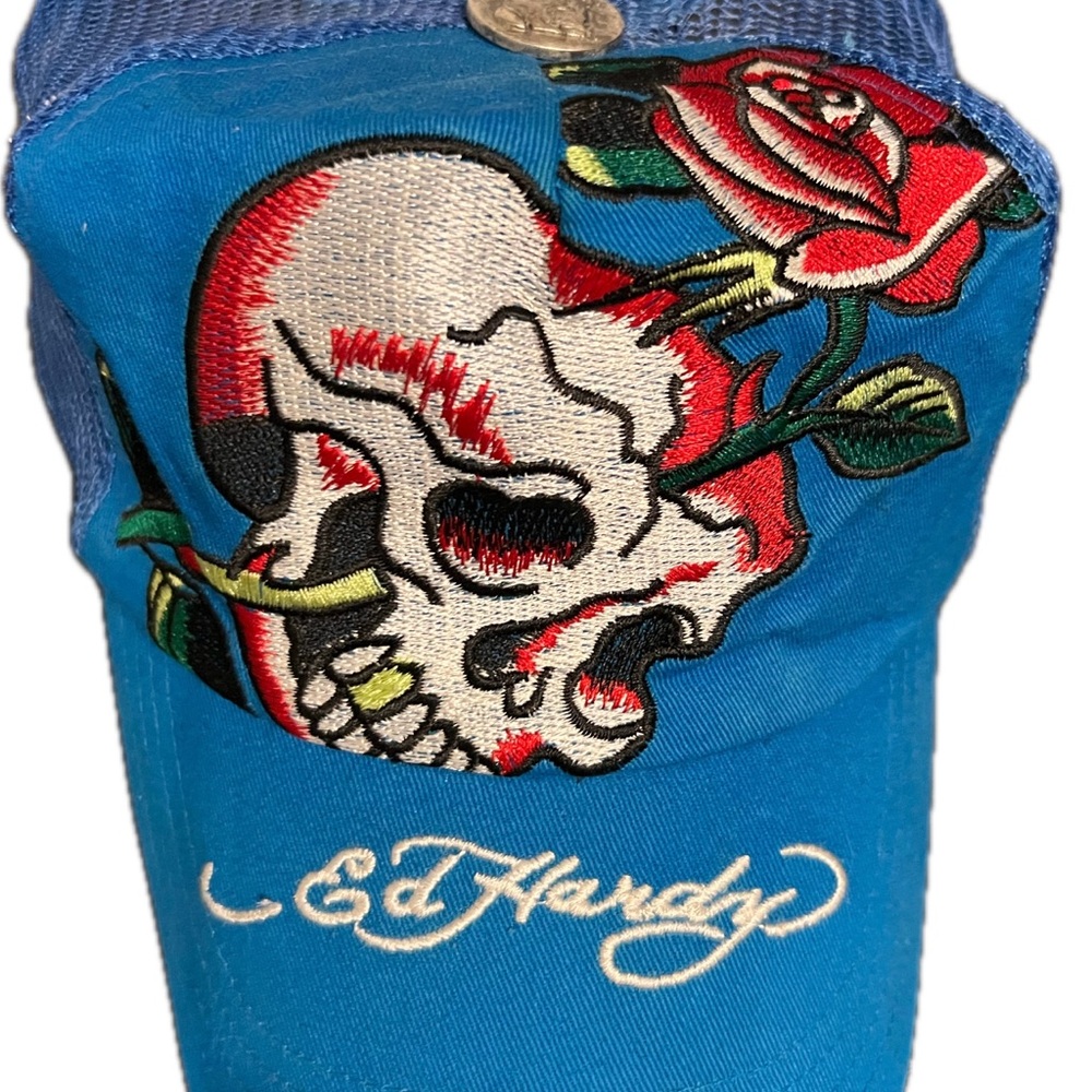 Ed Hardy Turquoise Trucker Hat with Skull and Red Rose Embroidery